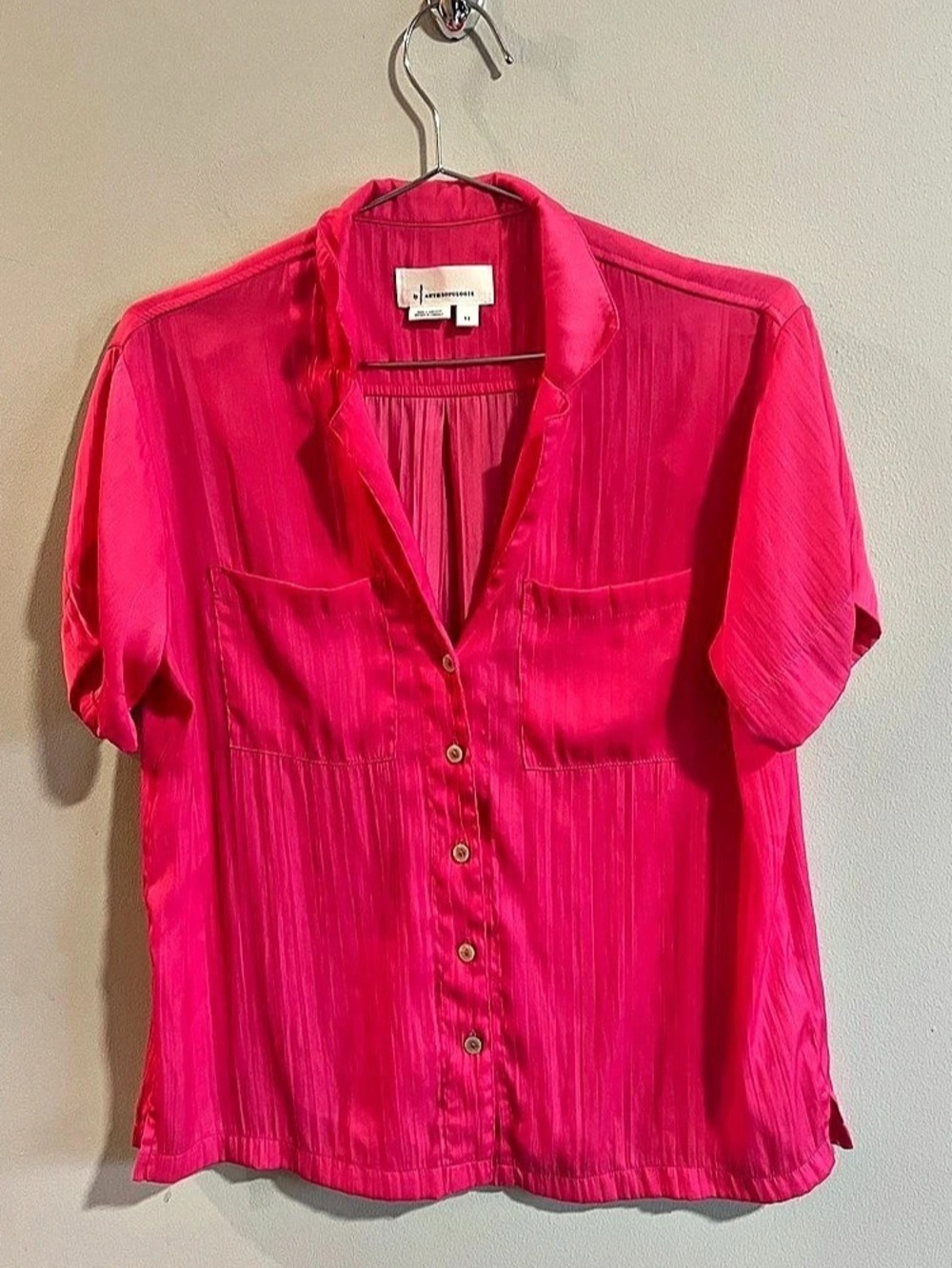 Anthropologie Pink Shiny Button Collared Pocketed Rolled Sleeve Blouse Large XS